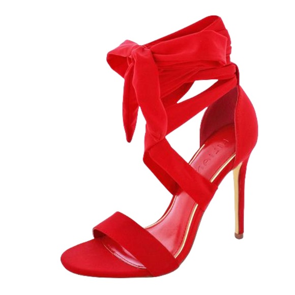 Shoes - Red Vegan Suede Strappy Lace Up Stiletto Heel Sandals